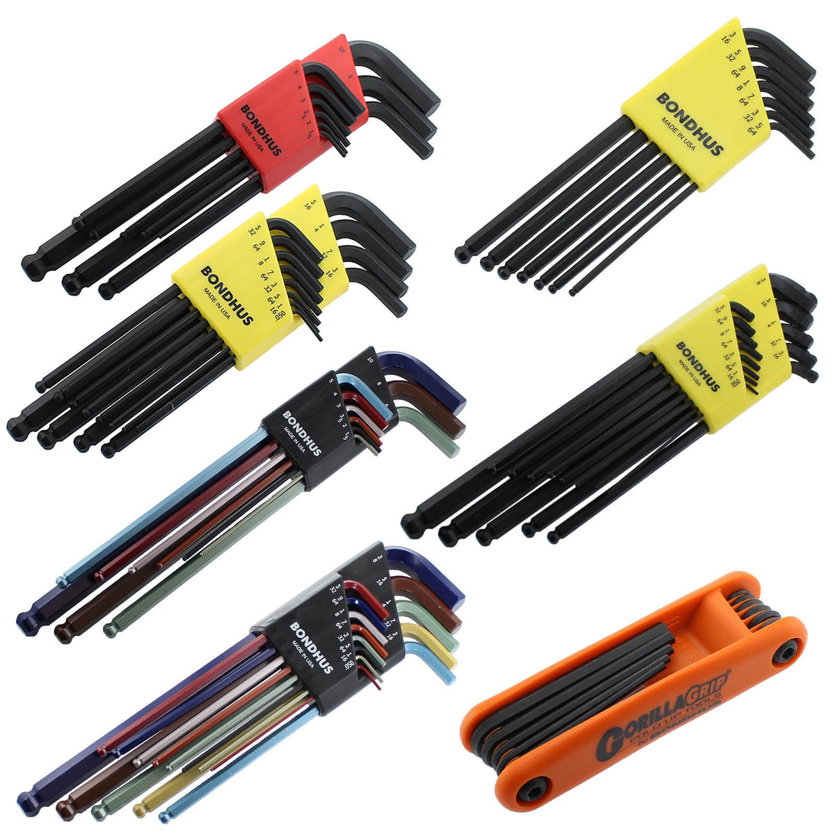 Ball-end Allen (hex) wrench sets in metric and imperial sizes, of the kind sold through AndyMark.